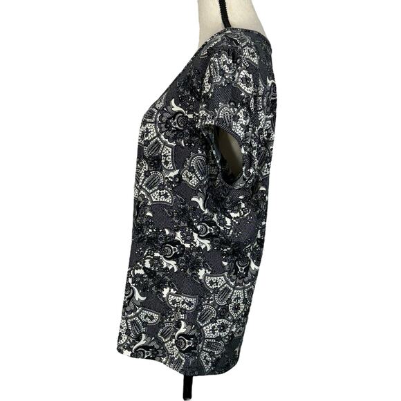 Worthington X-Large Top Geometric Scoop Neck Puff Cap Sleeves Stretch Pleated - Picture 6 of 8